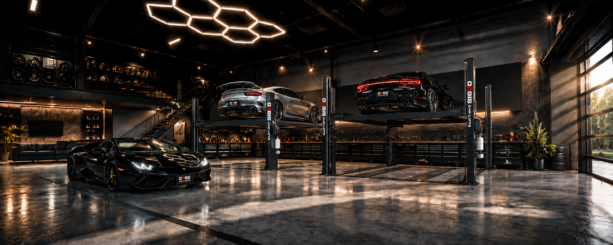 Sports cars displayed on lifts in a warmly lit garage